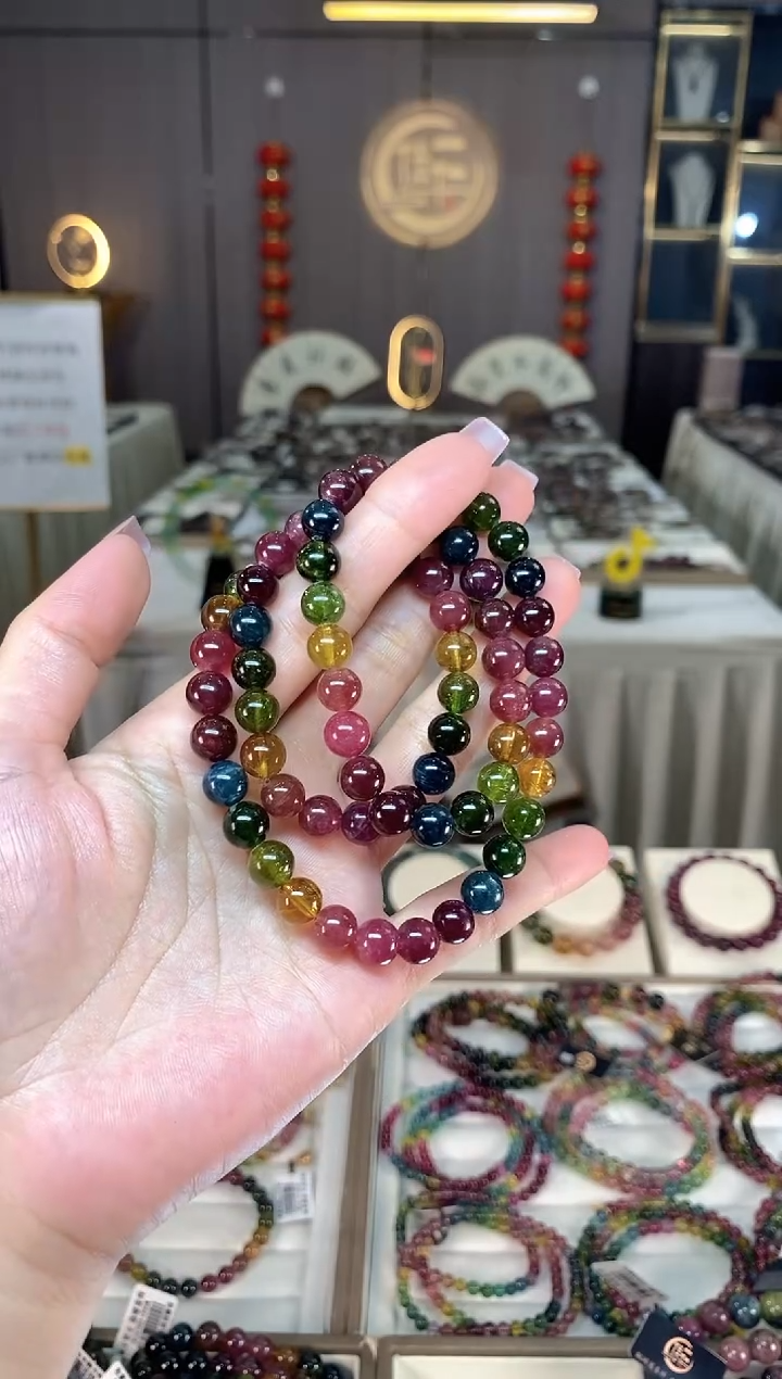 未镶嵌冰透体老矿碧玺彩虹三圈手串8mm+碧玺hon多样性发一条