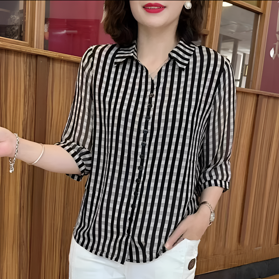 【断码清】夏季女士气质衣服七分袖衬衫女装翻领洋气宽松中袖小衫