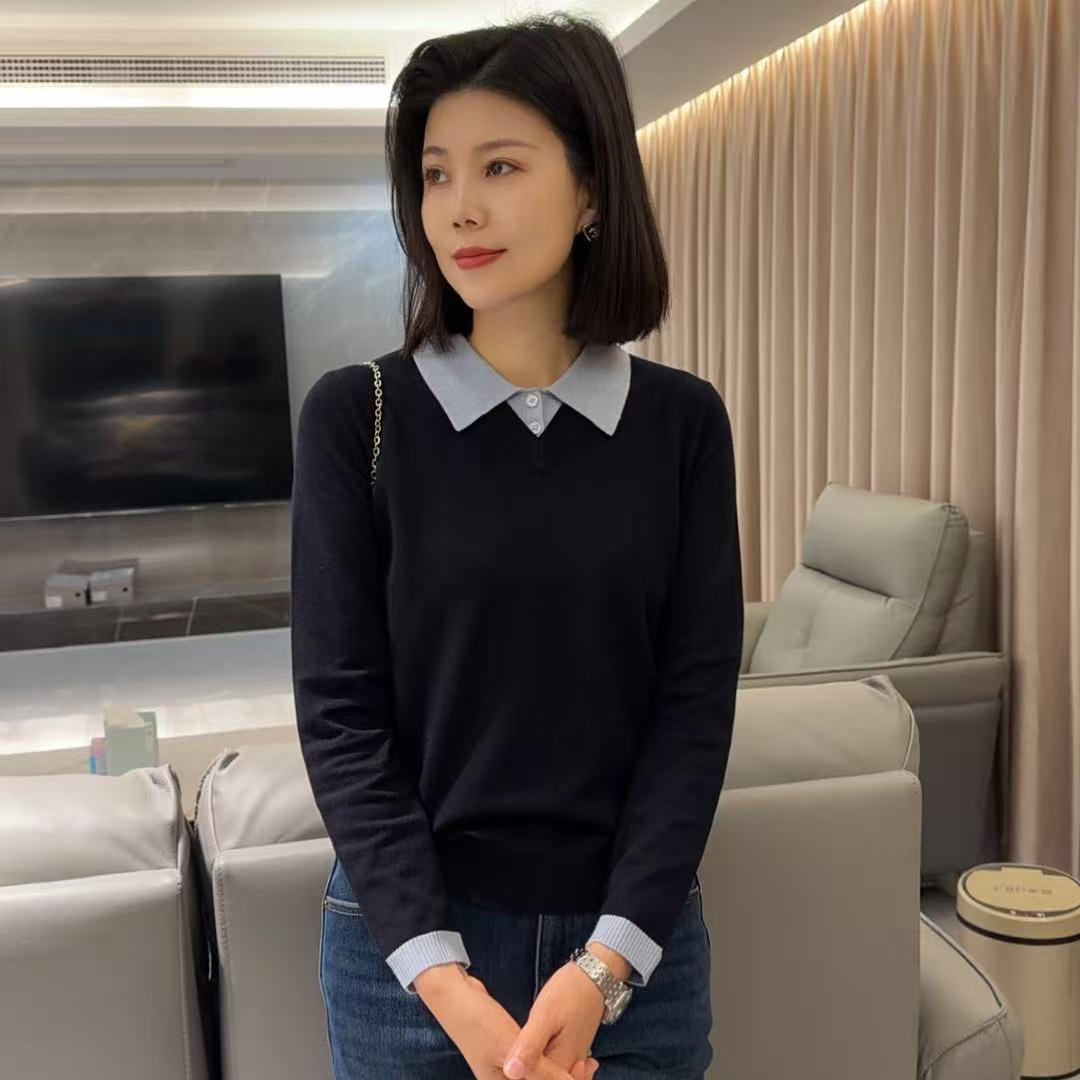 JY25秋冬时尚假两件百搭长袖轻职风翻领毛针织衫针织  