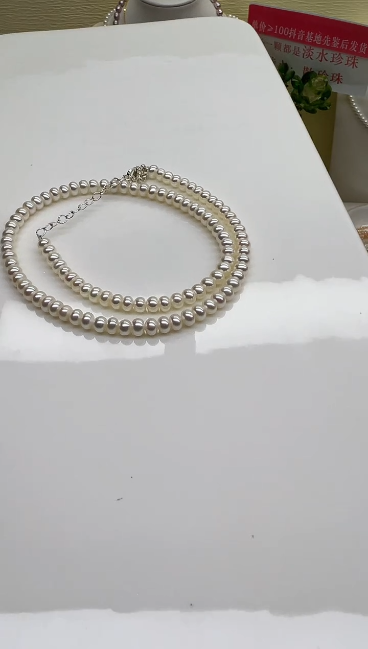 项链银S925镶嵌淡水珍珠白色馒头珠4.5-5mm