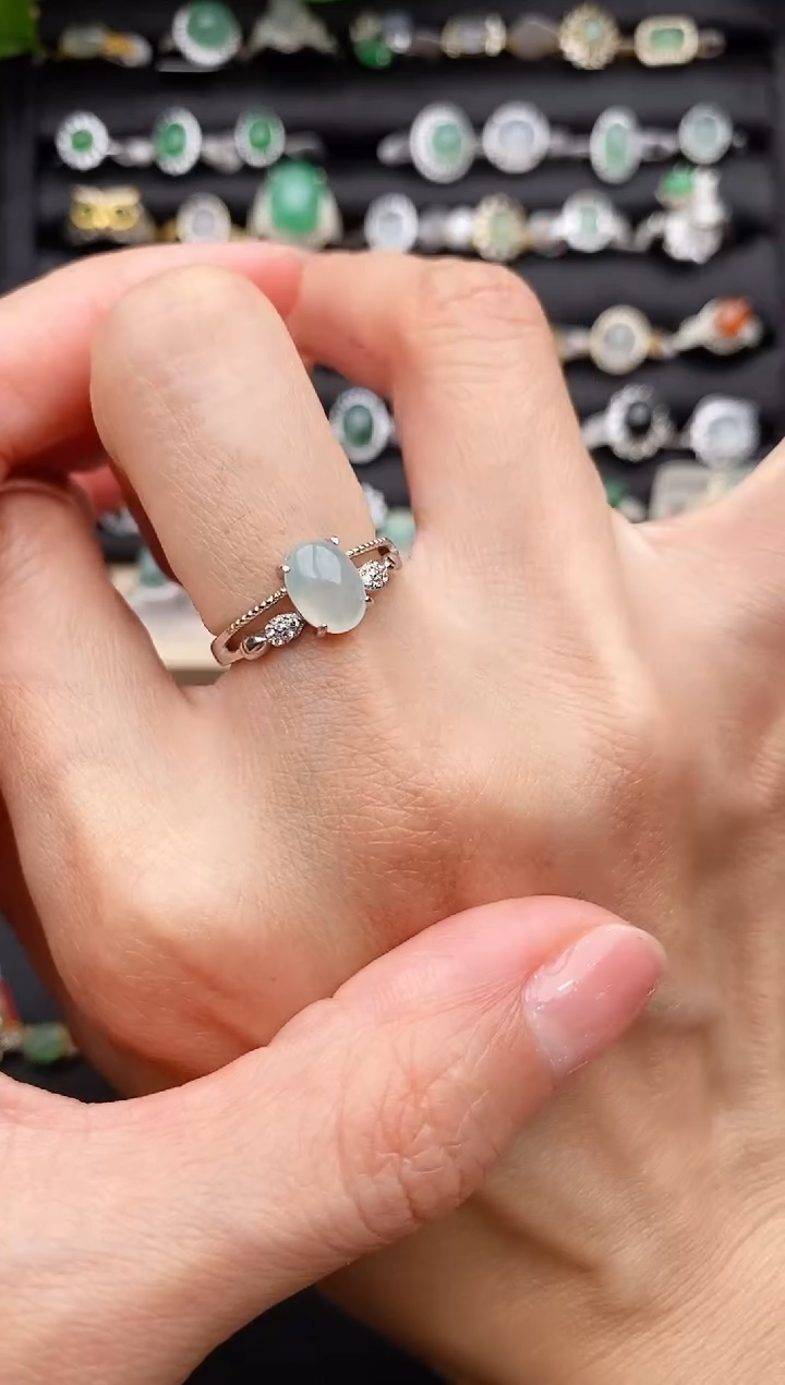 【闪购商品】翡翠戒指银S925镶嵌缅甸天然A货翡翠333   2-7