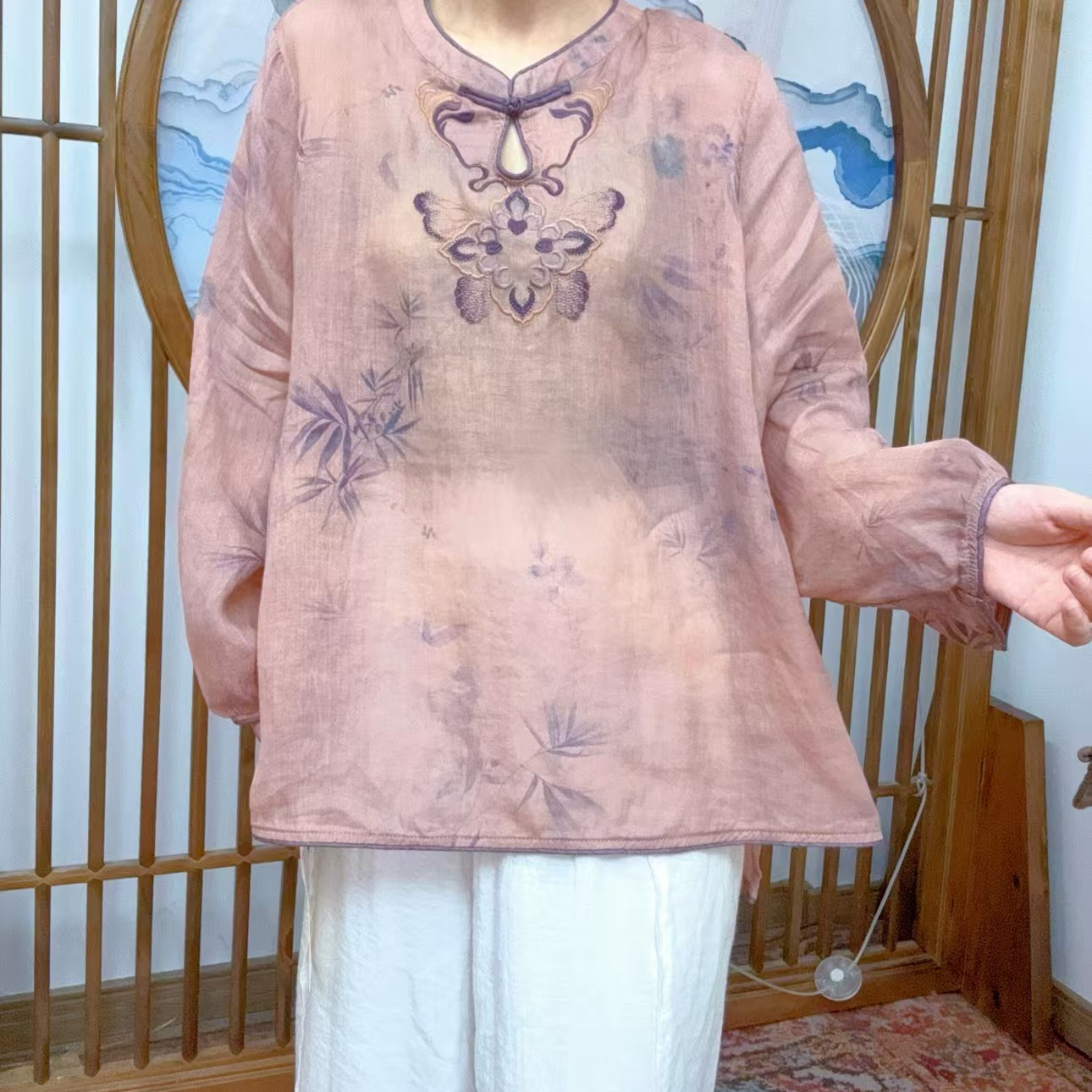 化蝶-重工艺刺绣手工炒色苎麻上衣9120(长袖)