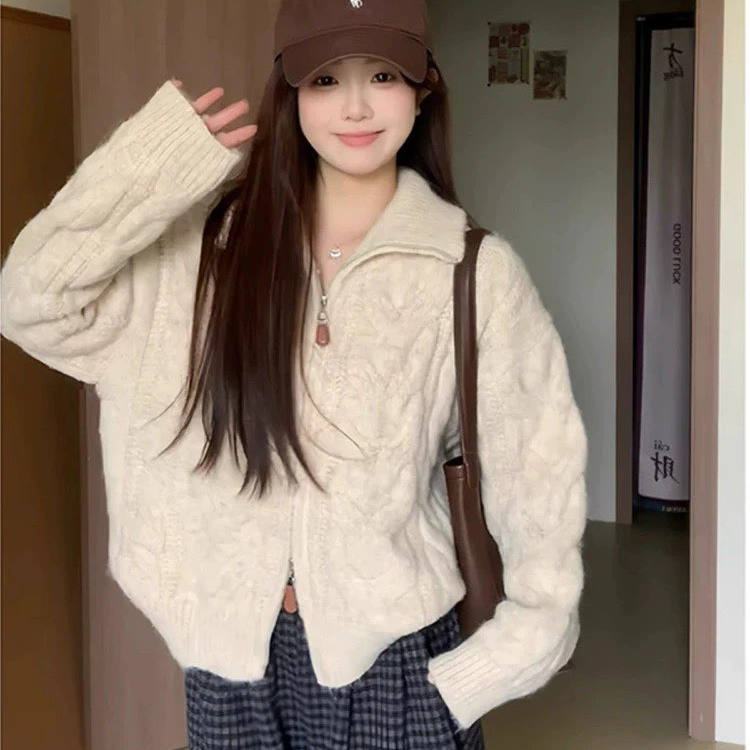 K2422【简约高领毛衣】绞花拉链开衫慵懒风立领针织外套