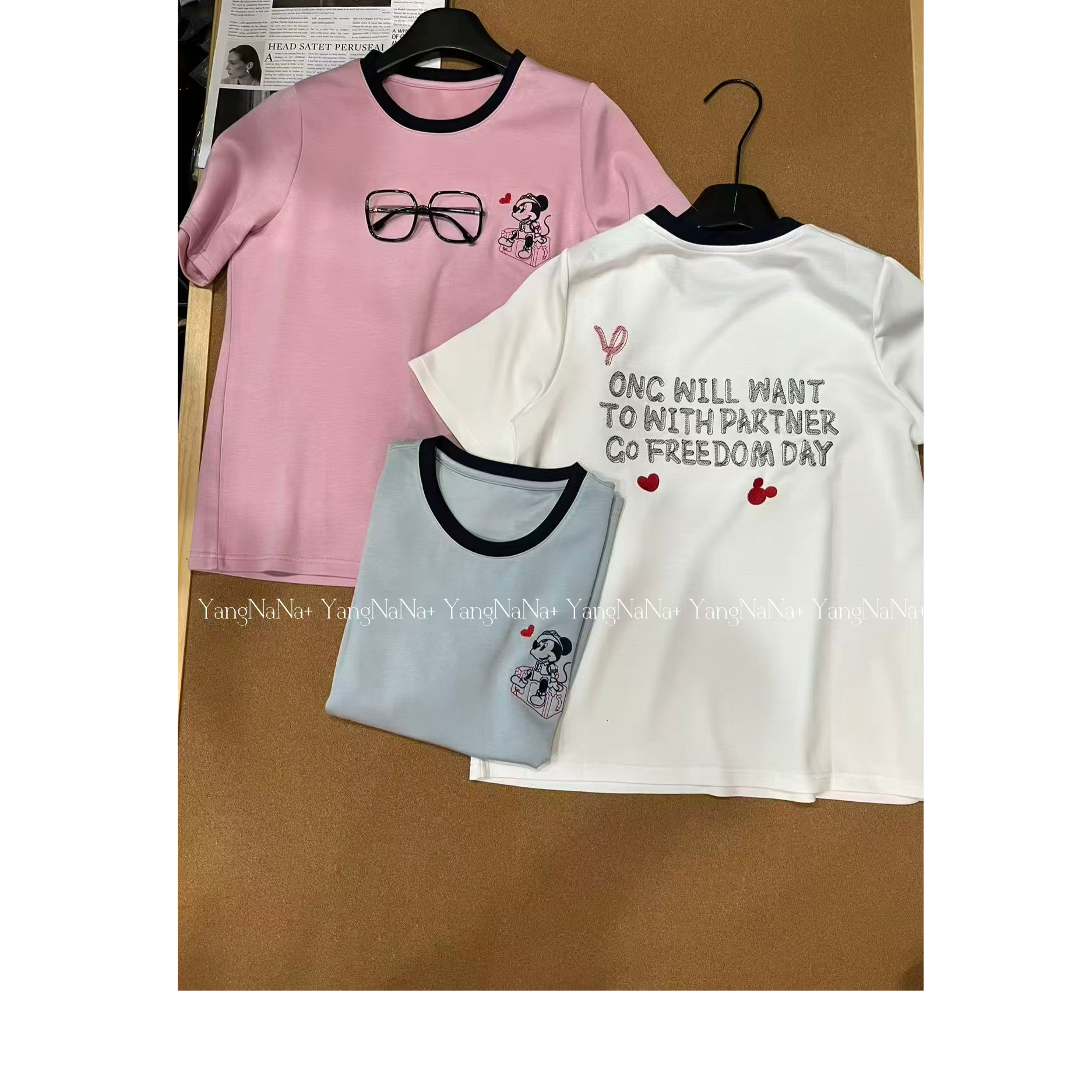 百搭大版时尚休闲圆领设计师字母米奇多色T恤女款氨纶白衣服0396