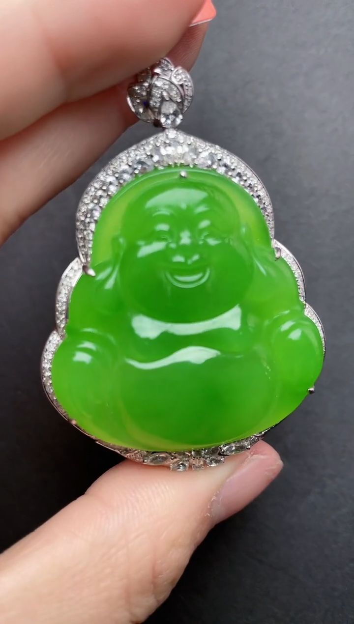 【闪购商品】和田玉吊坠18K金镶嵌传承级苹果绿佛公吊坠