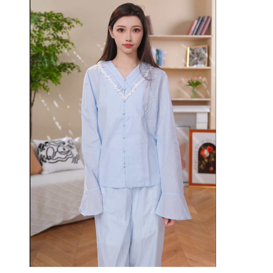 纯棉睡衣女套装春夏双层纱布长袖高档100%全棉家居服85YY-8505