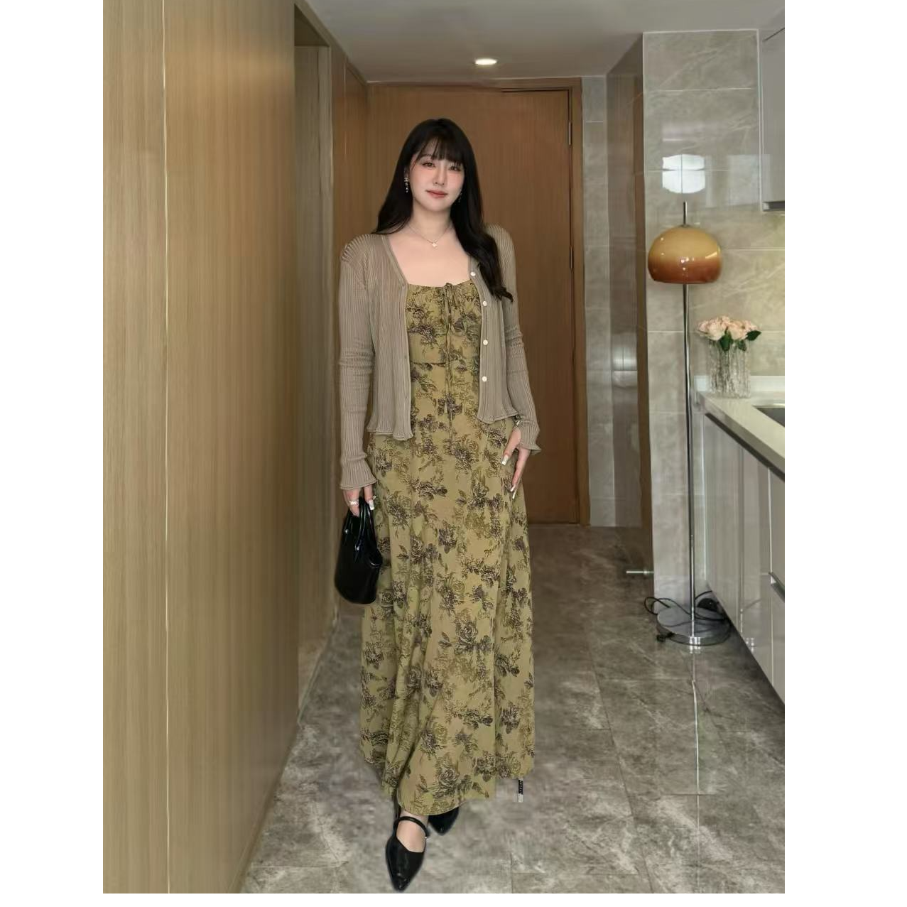 舒舒【塞纳河畔】微胖mm复古法式碎花吊带连衣裙大码套装