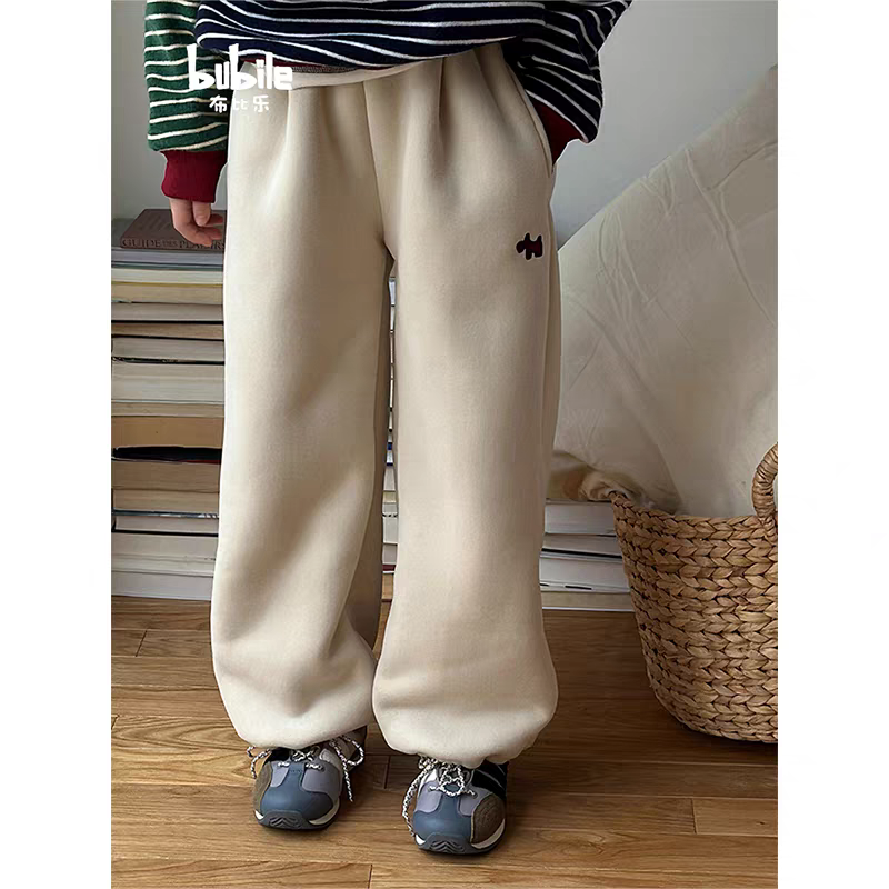 T204 男女童秋冬加绒加厚贴布小狗卫裤运动裤保暖休闲束脚裤直筒