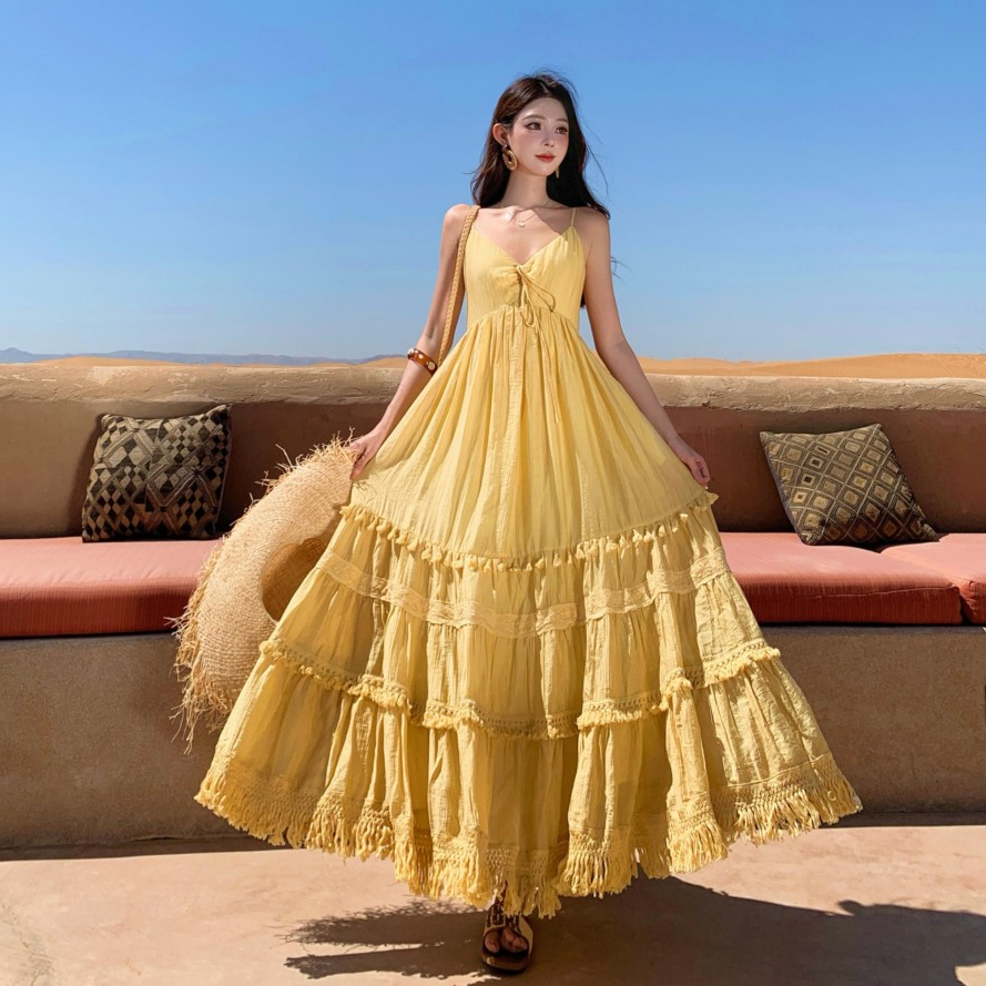 浮光屿 法式度假风高级氛围感吊带裙莱赛尔大摆连衣裙