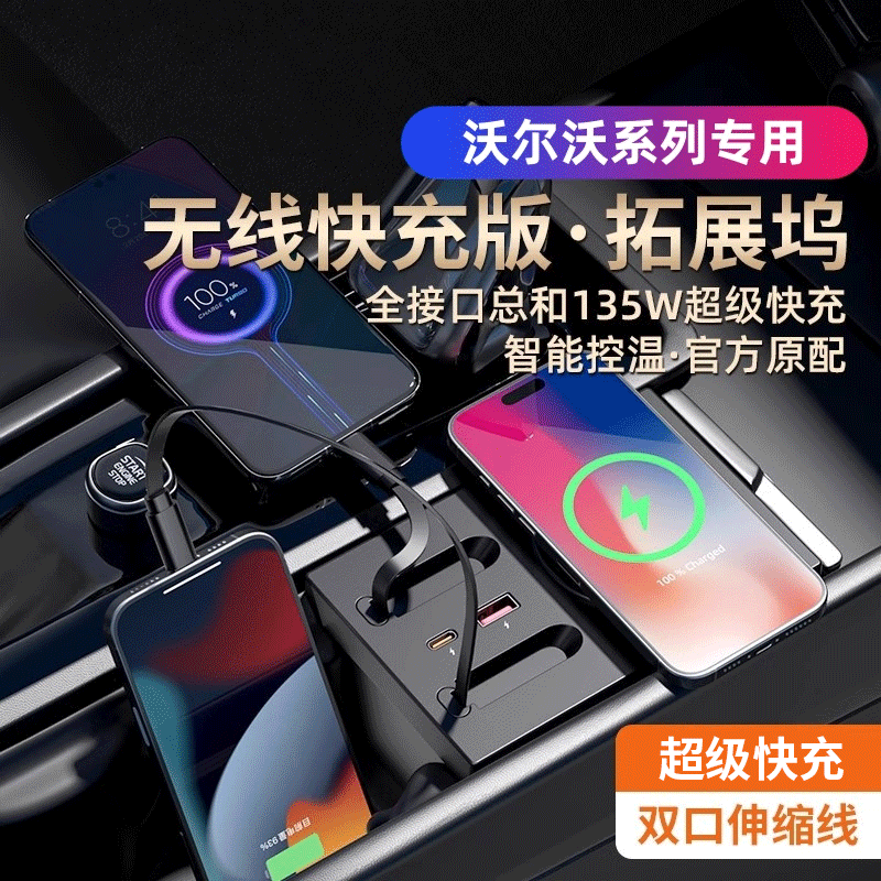 【2025新款】翔界沃尔沃XC60/XC90/S90S60车载充电器中控拓展坞快充