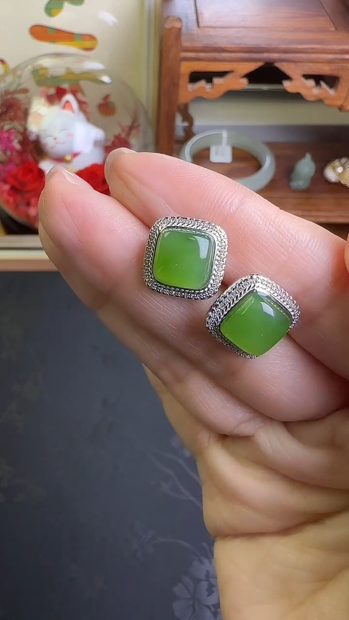 银S925镶嵌戒指和田玉碧玉方糖耳钉