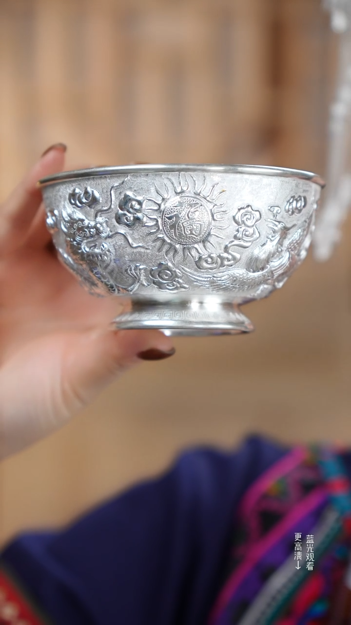 珐琅足银999手工双层龙凤银碗
