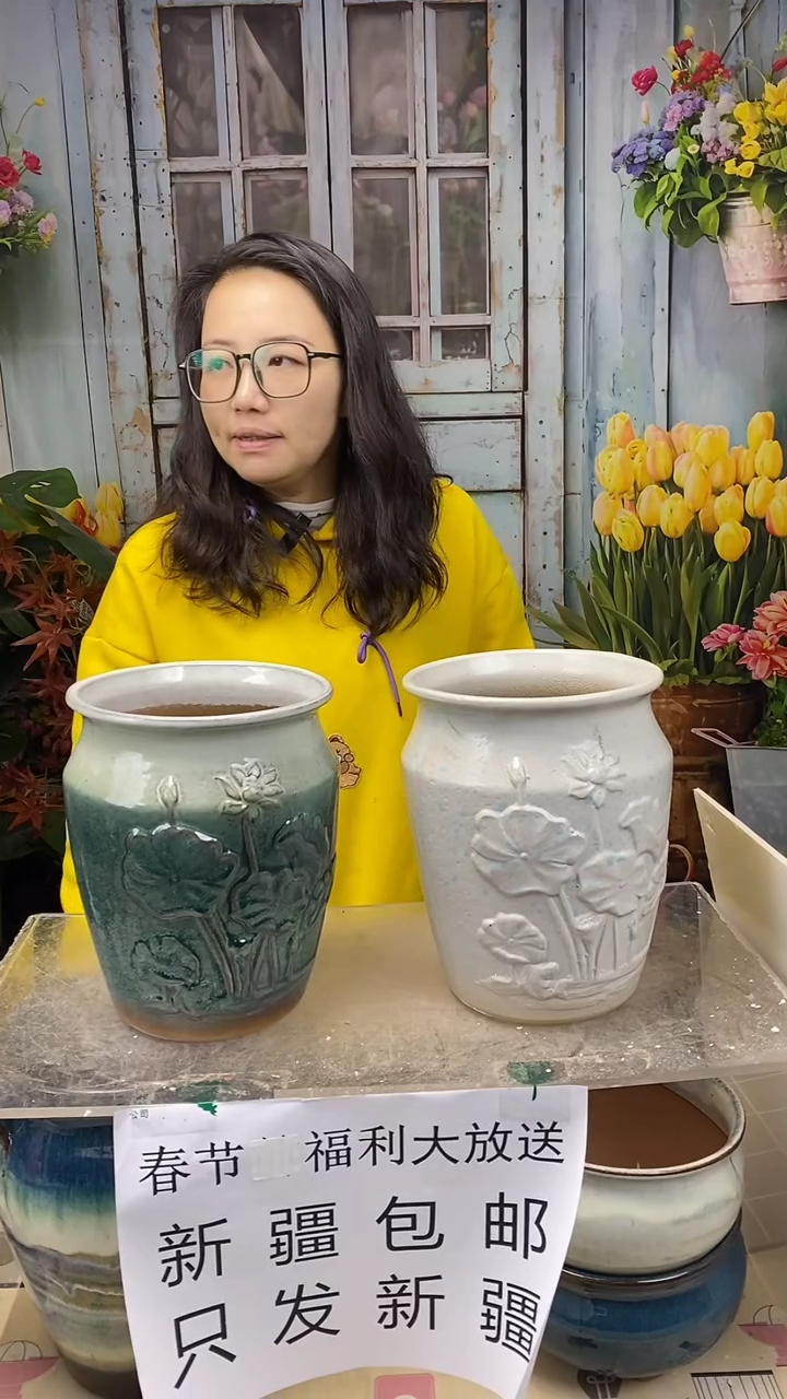 【闪购商品】红陶白绿浮雕花盆2个装