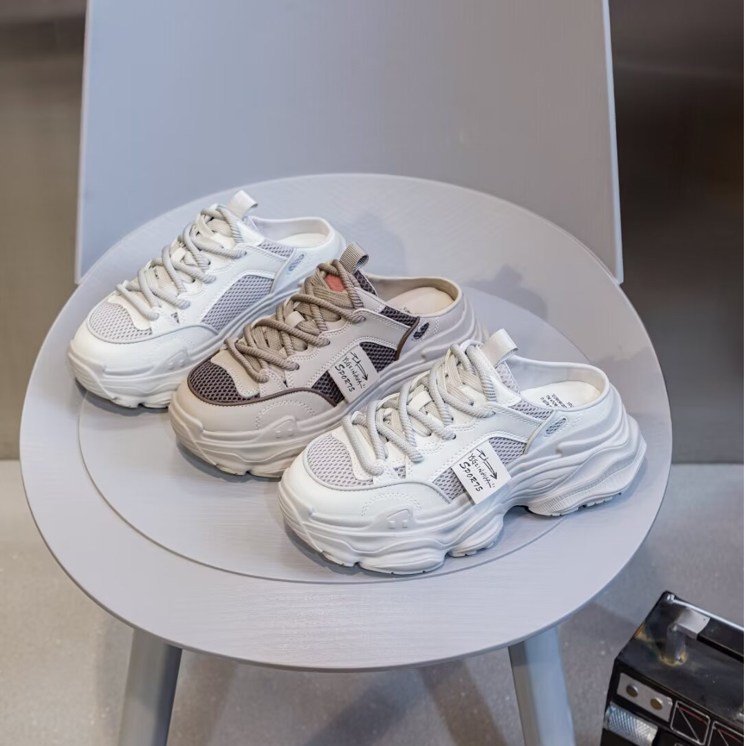 正品网面老爹鞋女2025新款时尚百搭包头半拖懒人一脚蹬小白鞋512