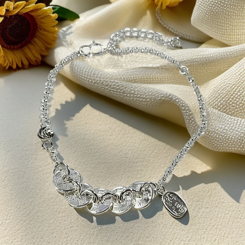 足银脚链 纳福五帝币民族风百搭脚链