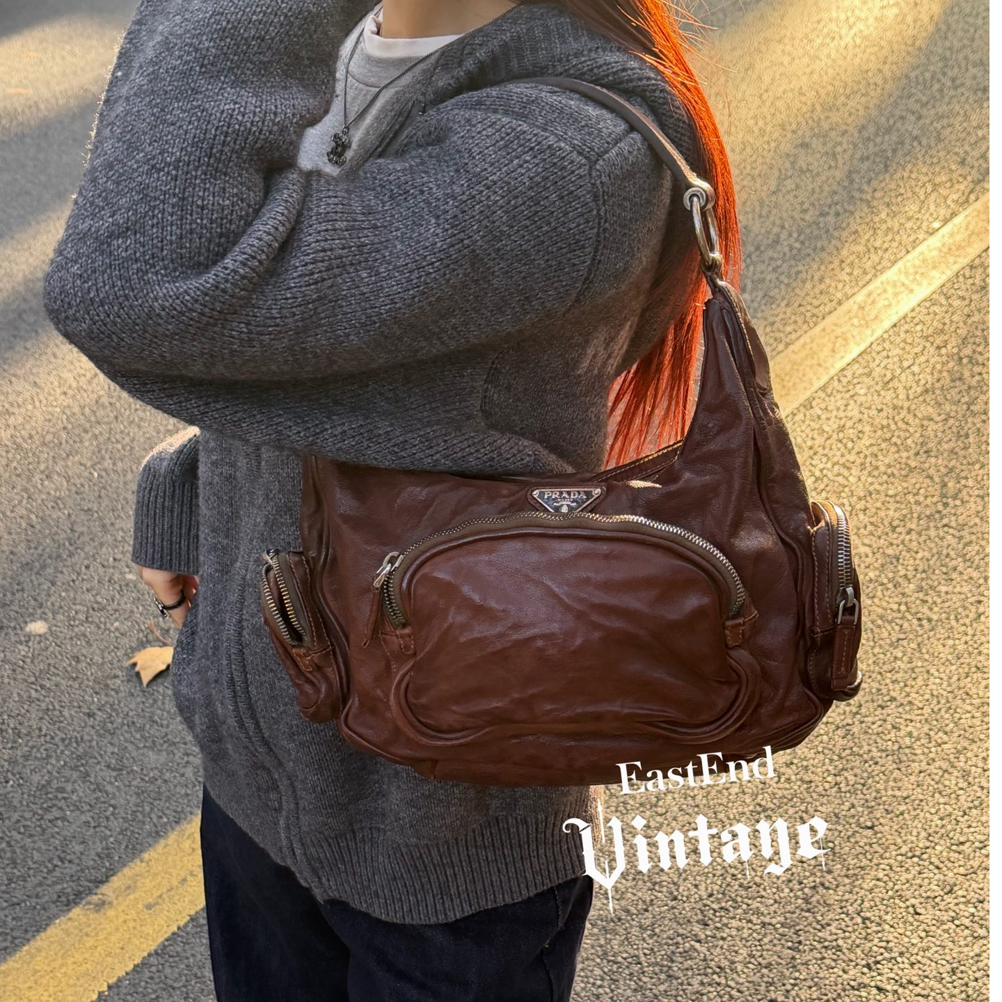 95新 Prada/普拉达 東区-猪肝红马鞍皮机车单肩包/71946