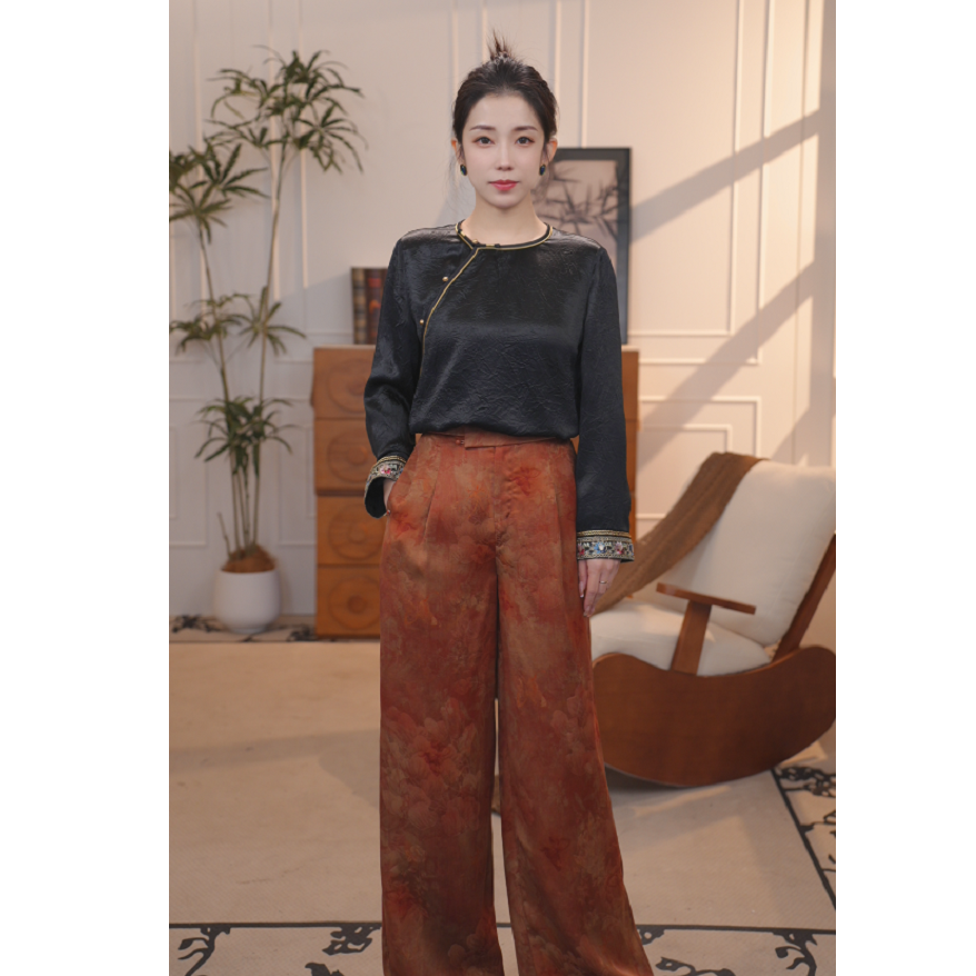 【初尘】新中式国风舒适百搭橙红色女士阔腿直筒裤