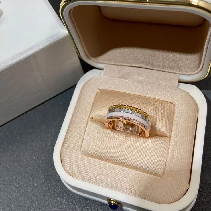 99新 Boucheron/宝诗龙 小花柳 四圈 白陶瓷 戒指 18K玫瑰金 52