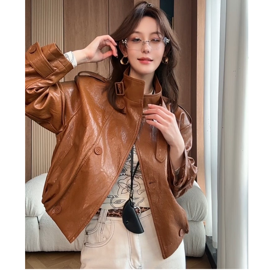 2025秋装新款美式复古高级立领双排扣油蜡皮衣短款外套潮女