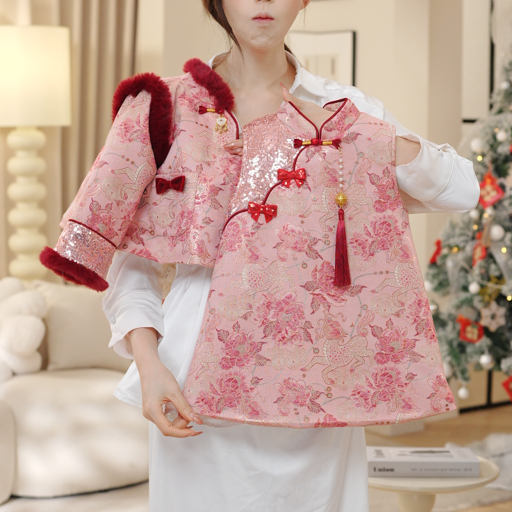 2026冬季女童新款高级感粉夹棉加厚外套上衣背心裙两件套DA30984