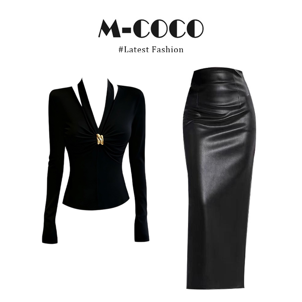 INSCEC御姐辣妹风黑色V领褶皱长袖T恤秋冬秋季包臀半身裙套装女