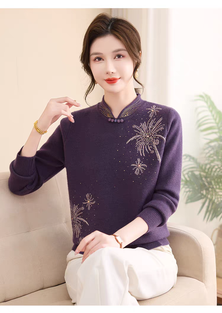 新中式妈妈冬装加绒加厚毛衣中老年女装国风一体绒保暖针织打底衫