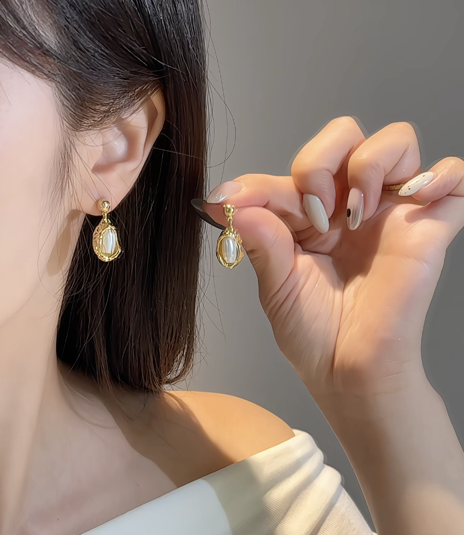 铜合金耳饰 925银针精致小巧金属镶嵌珠珠小吊坠-6耳环