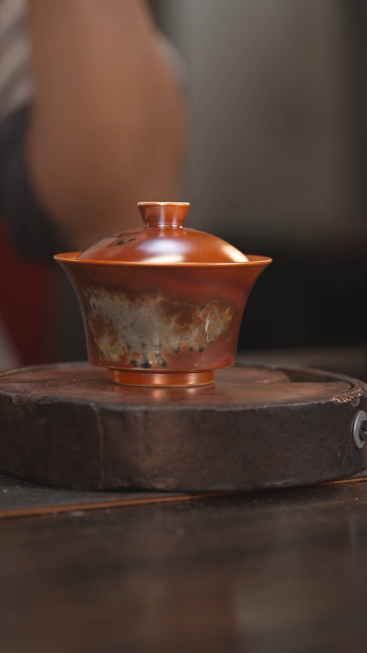 【闪购商品】杯70柴房陶瓷柴烧 金红马蹄盖碗