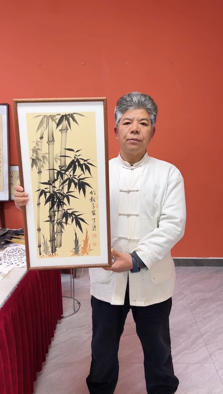 书法张富民手绘作品/竹报平安//古宣（乌檀木外框）35*70cm左右