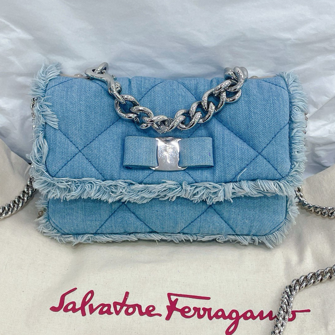 95新 FERRAGAMO/菲拉格慕 牛仔链条包 手提单肩斜挎包/7QH37838
