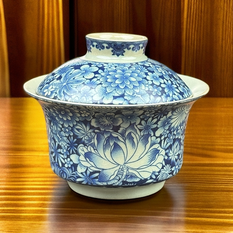 当代 复古蓝万花盖碗 E29