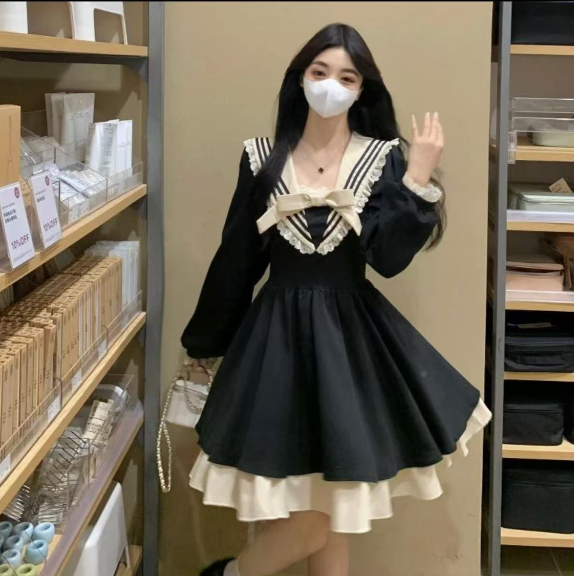 大码海军领长袖赫本风连衣裙春季2025新款女装蓬蓬裙胖黑色裙子