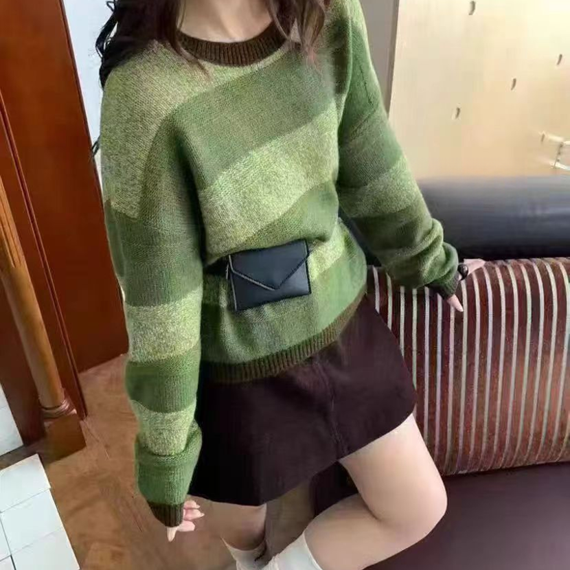 【线下同款】~高定款！圆领宽条纹长袖百搭针织毛衣套头衫B1778