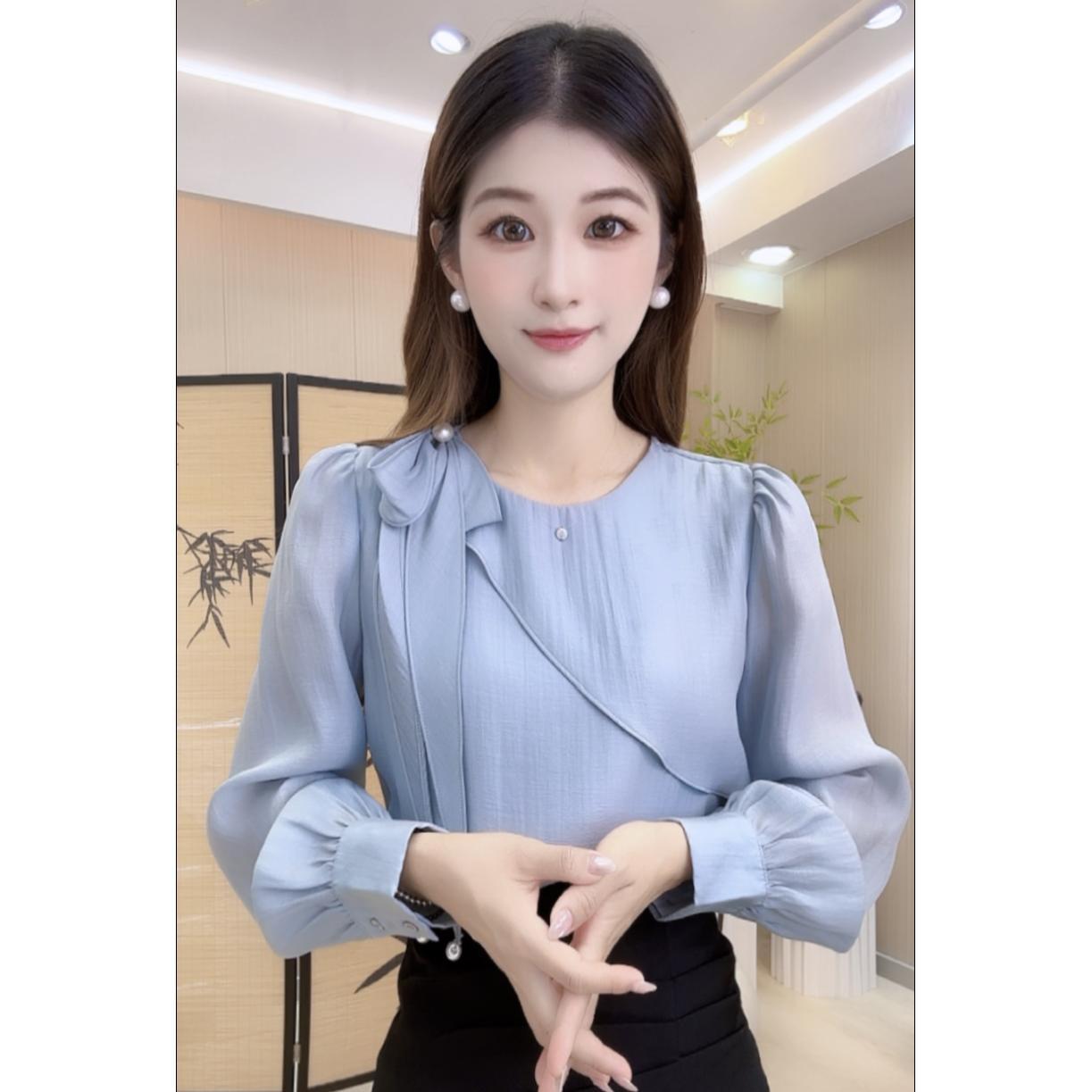 2025秋季新款法式飘带蝴蝶结长袖女士高级感轻奢垂感衬衣