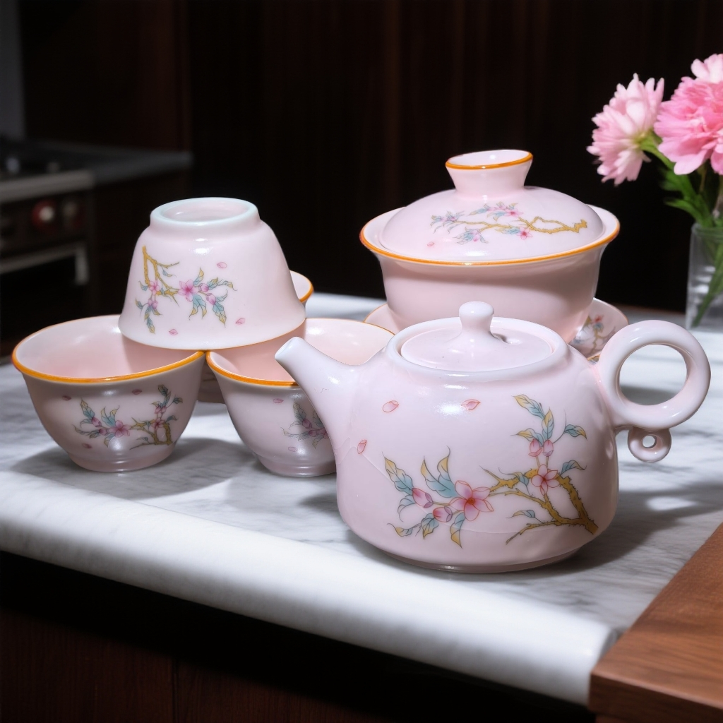 Z2842 粉汝窑梅花壶+盖碗+4杯+盘