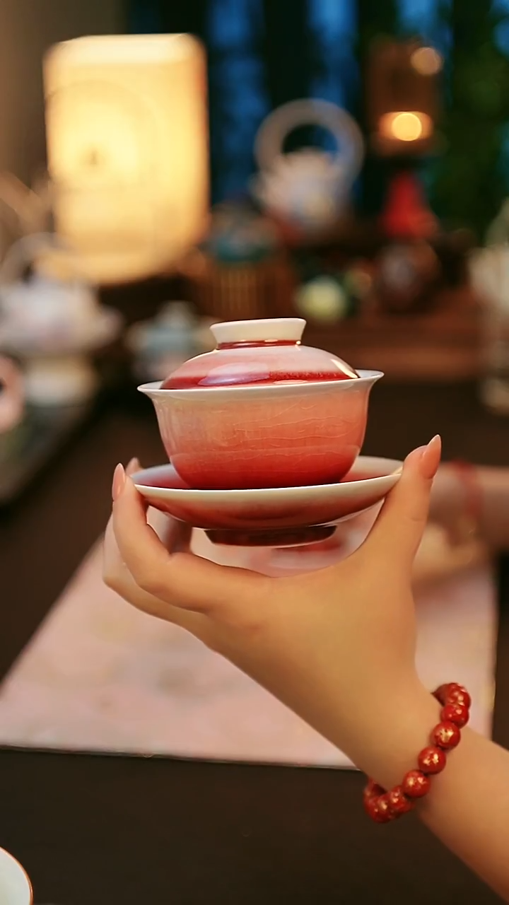 青云茶斋陶瓷茶具楚门窑变红三才盖碗