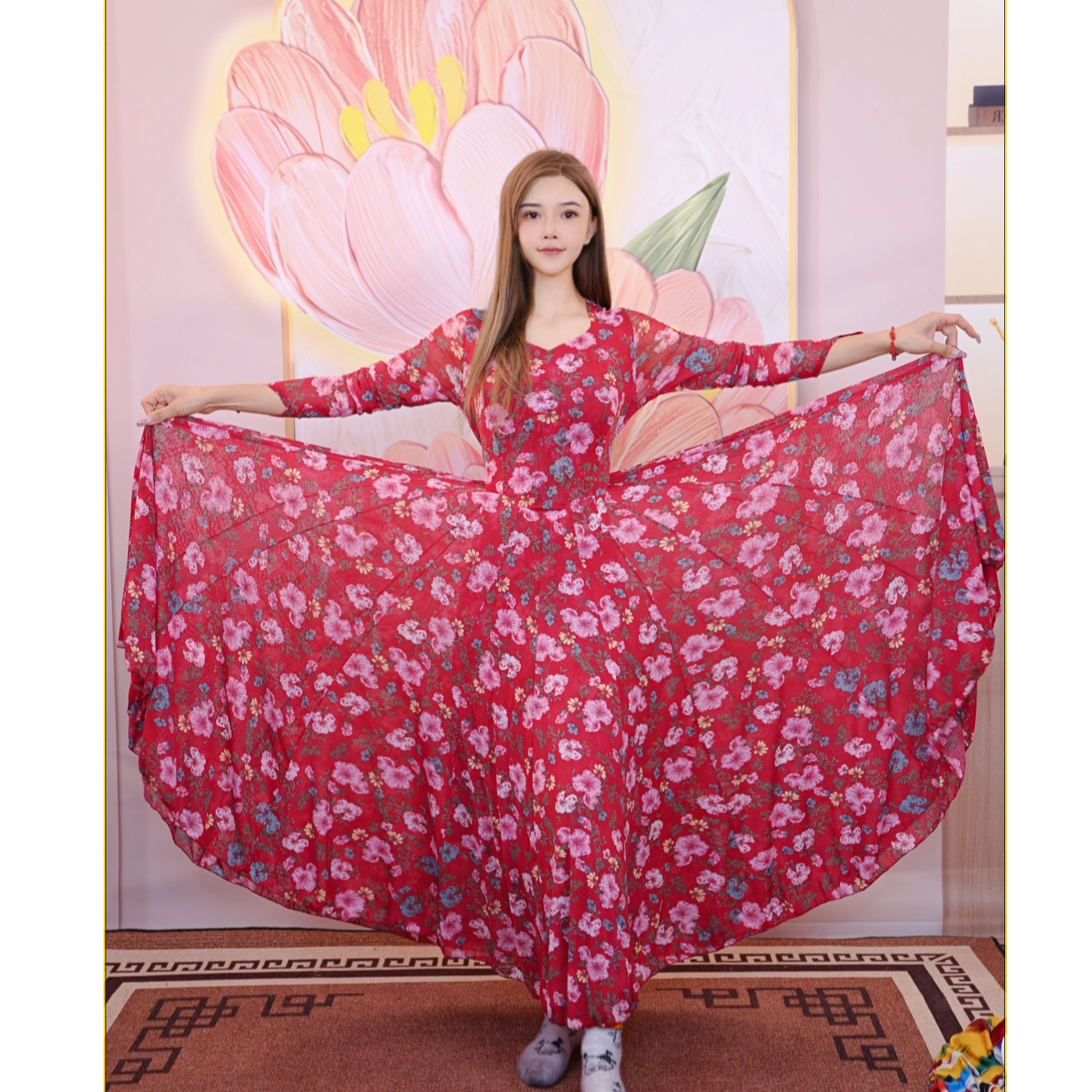 新疆舞蹈连衣裙长袖显瘦新疆舞服饰广场舞720度大摆连衣裙红色