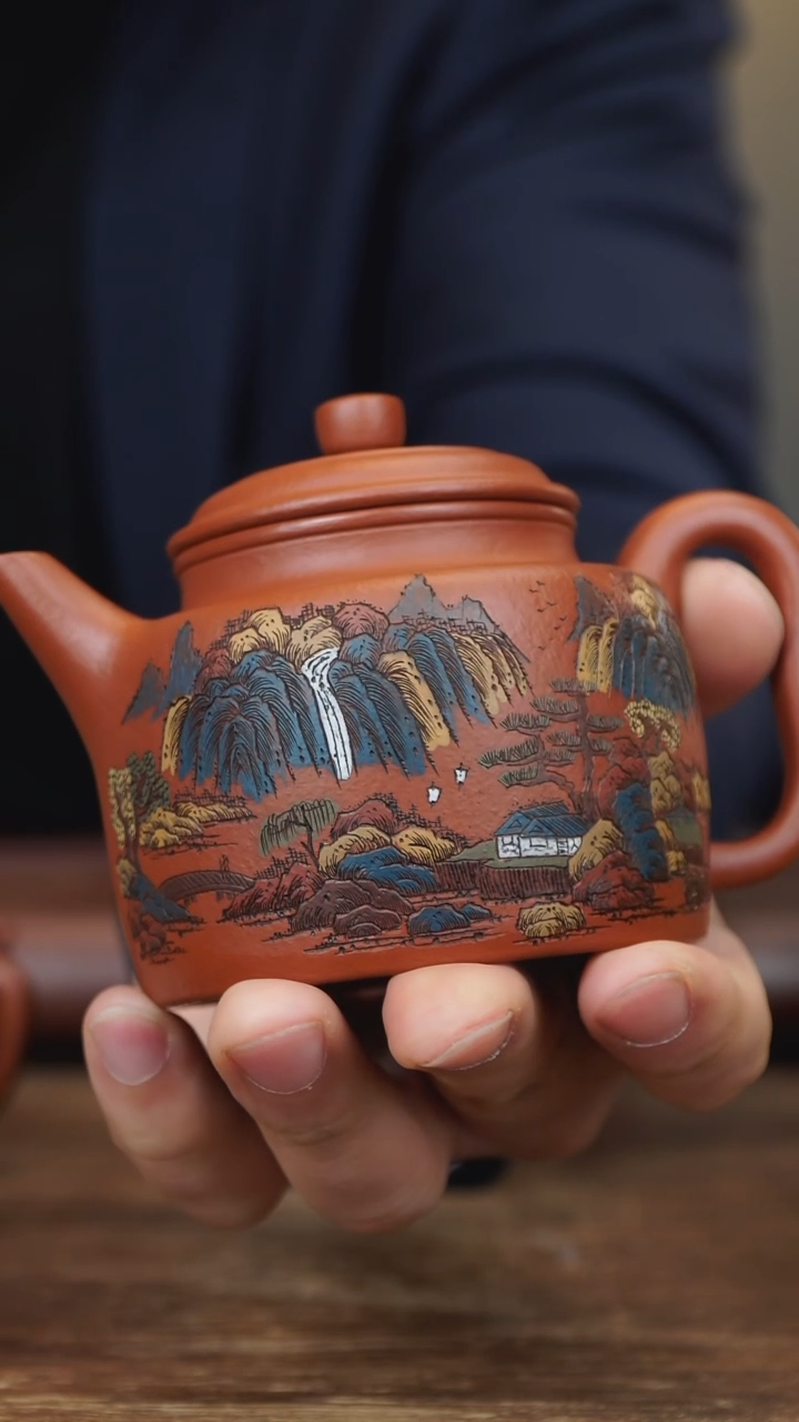 【闪购商品】紫砂茶壶260ml 刻绘泥绘全手高德钟 朱泥