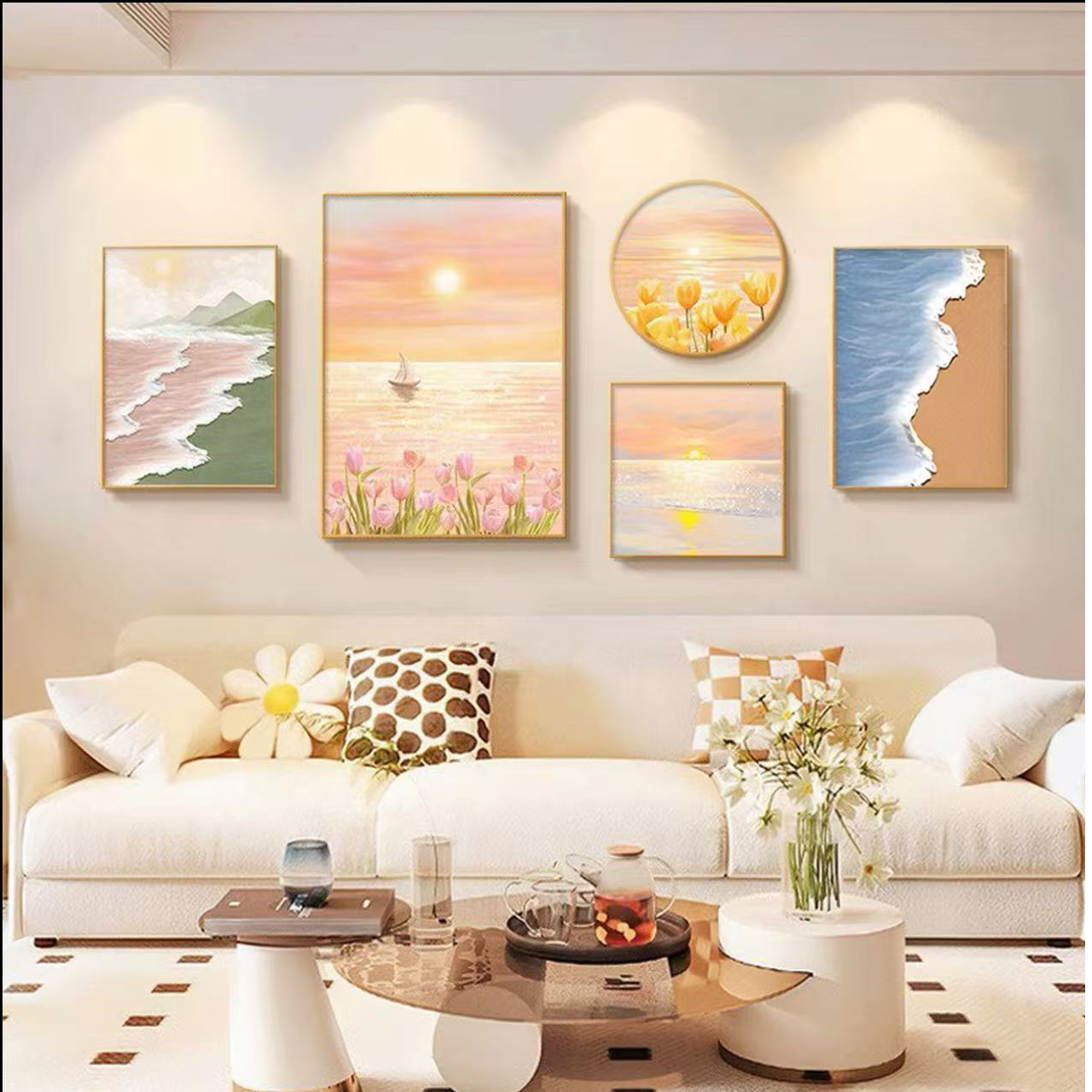 L51客厅奶油风装饰画现代简约沙发背景挂画治愈系高级感组合壁画