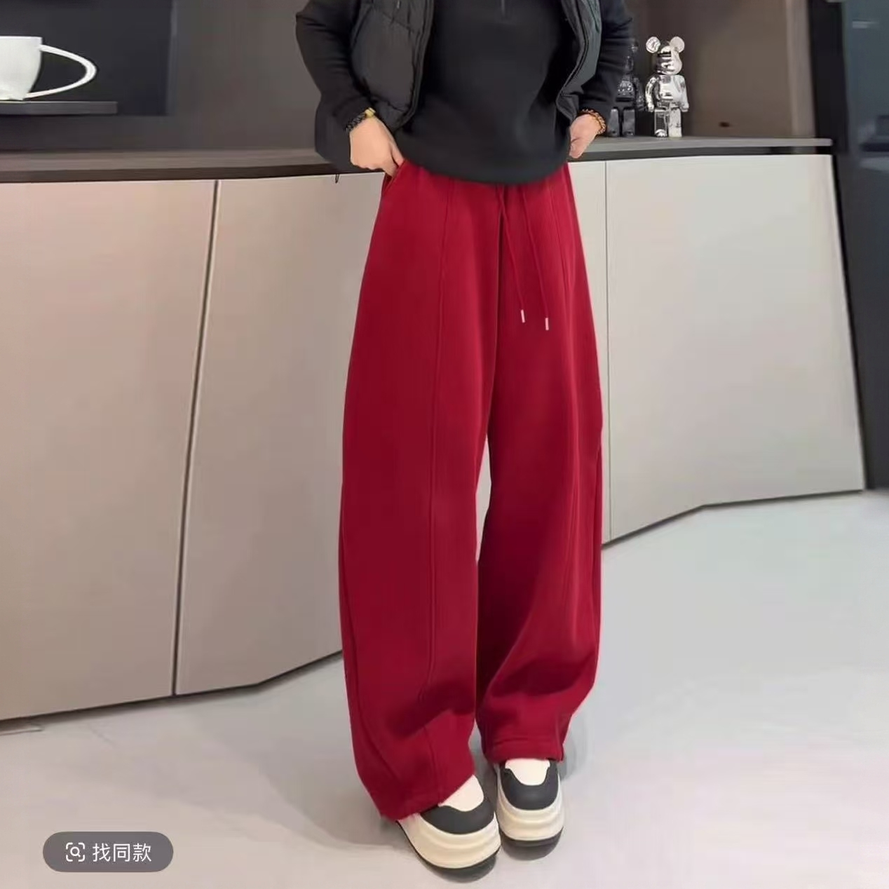 2025加厚裤不加绒阔腿裤05高腰松紧腰极简风休闲裤 长裤A2605