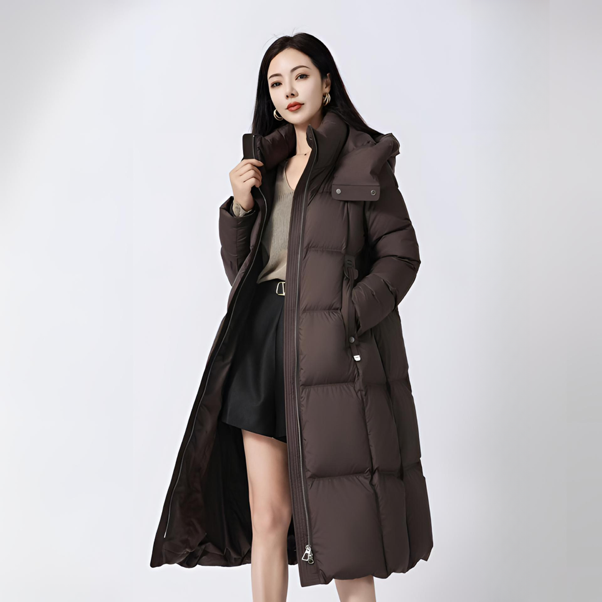 V/雅鹿新款中长款连帽90%白鸭绒羽绒服宽松外女