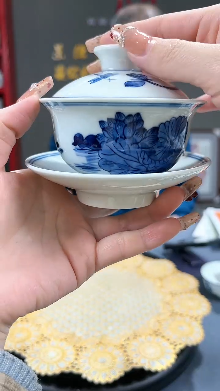 【闪购商品】官窑瓷画院093官窑瓷画院荷花鸳鸯三才盖碗