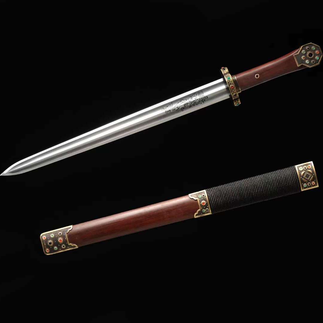 神锋剑酸枝木鞘黄铜镶石装饰百炼花纹钢瓦面剑身不开刃