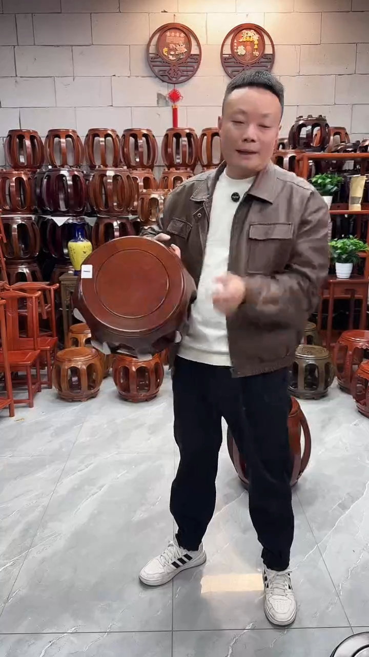 花梨木类家具（微瑕）胡桃色小号鼓凳单条1号