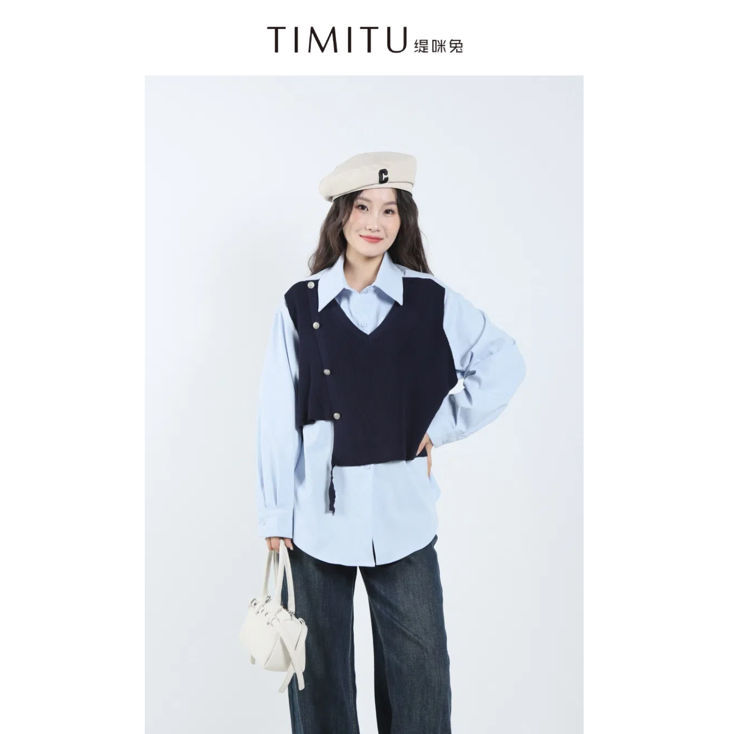 TIMITU缇咪兔智感通勤海军风设计感撞色拼接假两件衬衫34322027
