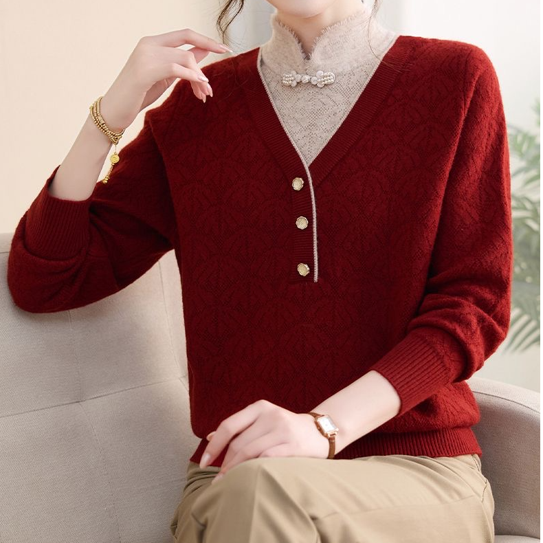 秋冬新款宽松假两件半高领毛衣女春秋针织打底衫洋气