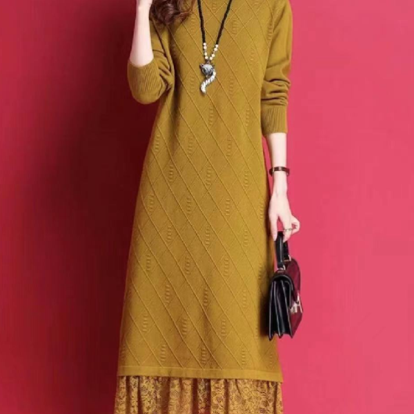 2024显瘦气质秋冬季蕾丝拼接过膝毛衣裙针织长裙圆领连衣裙9605