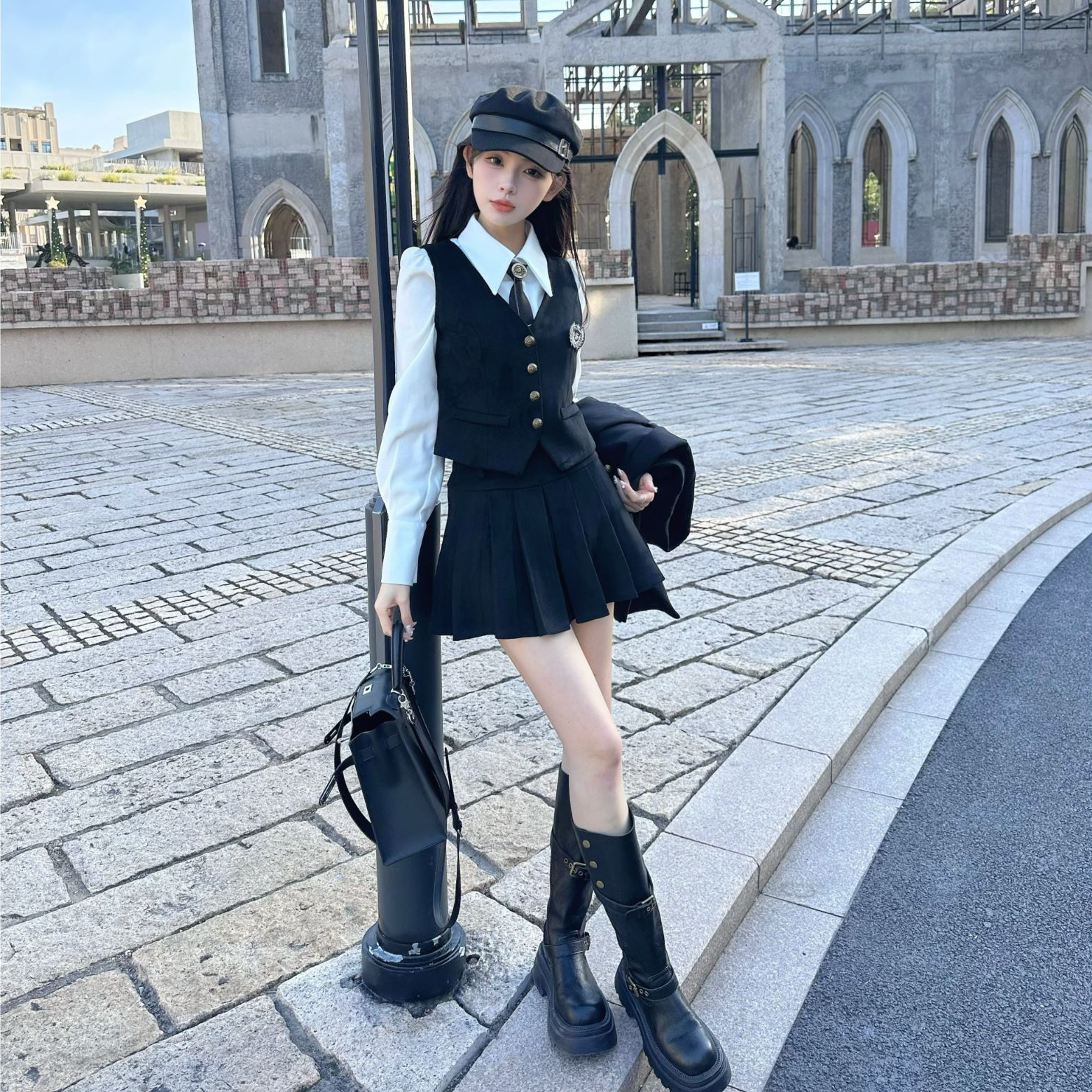冬季【韩妹】真两件高级感叠穿马甲微收腰气质显瘦女套装