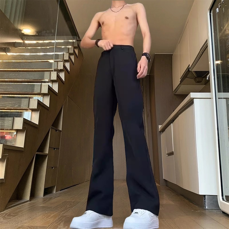 黑色微喇叭弯刀西裤垂坠感高级感修身裤子男款夏季休闲直筒西装裤