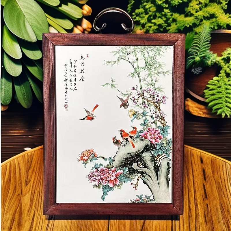 景德镇瓷板画鸟语花香手工粉彩陶瓷实木边框37*29cm
